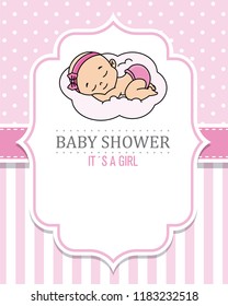 baby shower pink. baby boy sleeping on the cloud. space for text