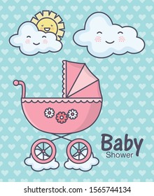 baby shower pink pram clouds sun cartoon hearts background vector illustration