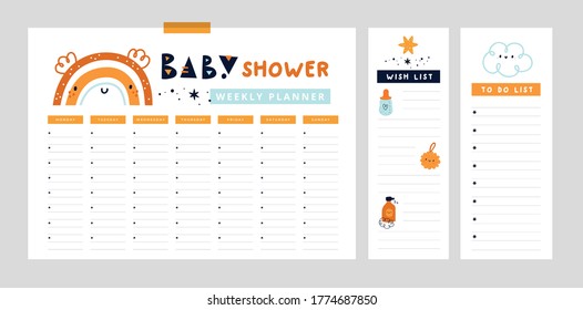 Baby Shower. Planner For Mom. Weekly Planner, Wish List, To Do List In Cartoon Flat Style With Cute Rainbow. Set Of Digital Prints. 