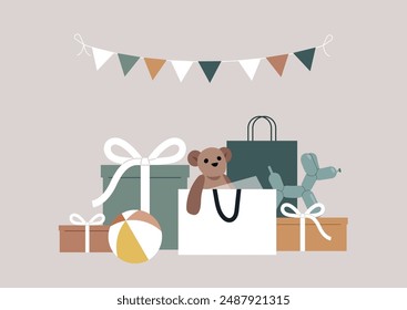 A baby shower, A playful arrangement of presents, bags, and toys, adorned with a festive string of flags