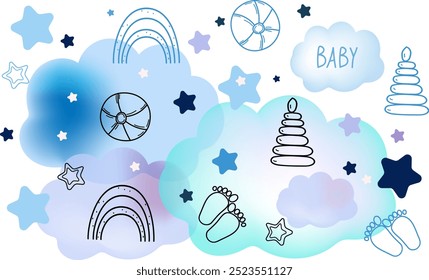 Baby shower png 3d icono conjunto.  Doodle png Elementos para tarjeta de ducha de bebé niño. Juguetes de bebé y nubes, estrellas. Plantilla para el Anuncio, cartel, tarjeta de felicitación