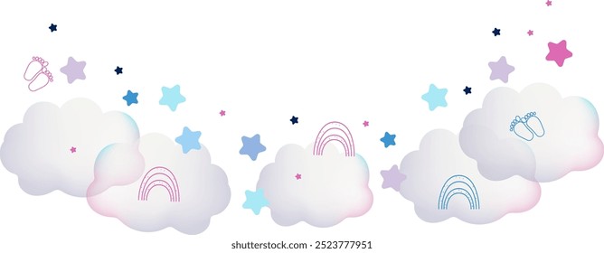 Baby chuveiro png conjunto de ícone 3d.  Doodle png elementos para cartão de chuveiro baby boy. Brinquedos de bebê e nuvens, estrelas. Modelo para faixa, cartaz, cartão comemorativo