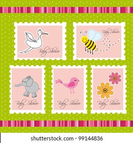 baby shower postage over green background. vector