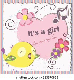 Baby shower postcard in a scrapbook stile with a yellow bird