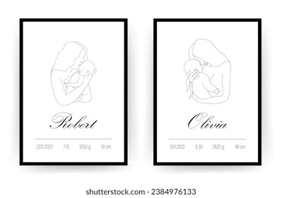 Baby Shower poster for children bedroom. Newborn metric with name, date of birth, weight and height. Linear mother hugging her child. One line art. Minimalistic vector illustration.