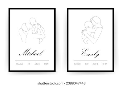 Baby Shower poster for children bedroom. Newborn metric with name, date of birth, weight and height. Linear mother hugging her child. One line art. Minimalistic vector illustration.