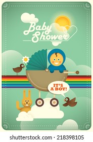 Baby shower poster with comic animals. Vector illustration.