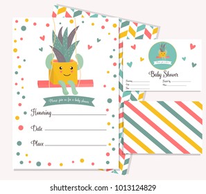 Baby shower poster with cute cactus. Invitation template