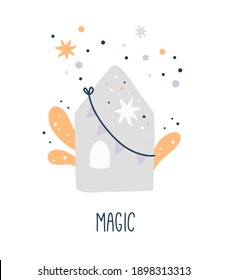 Baby shower poster, cute house with stars, vector illustration in flat style