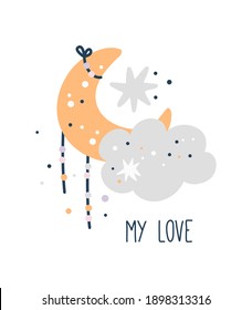 Baby shower poster, cute moon with clouds and stars, vector illustration in flat style