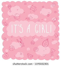 Baby Shower poster design. Vector invitation with cute kids pattern. It's a girl greeting card.