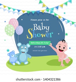 Baby Shower poster or invitation card design with cute baby, teddy bear and event details on abstract background.