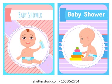 Baby shower poster, newborn with bottle of milk or water in hands, infant constructing pyramid. Children in diaper, smiling toddlers in round frame