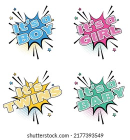 Cartel de la ducha para bebés. Invitación vectorial al estilo de arte pop. Recepción del bebé y recogida de la ducha con letras. Es una chica, es una tarjeta de saludo de niño.