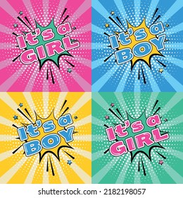 Baby shower poster set. Vector invitation in pop art style. Baby arrival and shower collection with lettering. It's a girl, it's a boy greeting card.