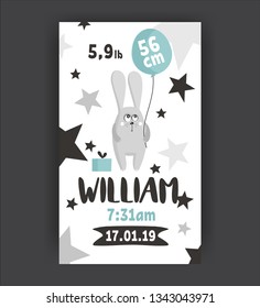 Baby Shower poster template with cute little bunny. Newborn metrics