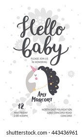 Baby shower poster, vector invite. Baby shower card with cute unicorn and hand drawn font on white background, pastel colors