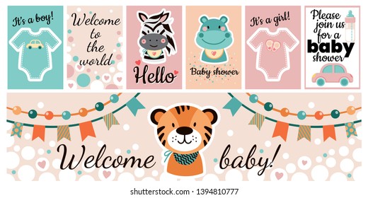Baby shower posters and banner set. Vector Invitation Template with cute animals and kids illustration. Greeting card. - Vector