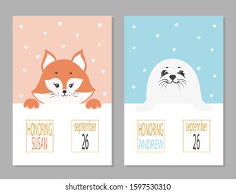 Baby shower posters with cartoon animals. Newborn announcement cards vector illustration.