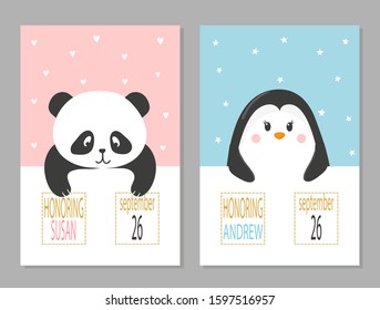 Baby shower posters with cute animals. Newborn announcement cards vector illustration.