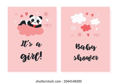 Baby shower posters set. Panda. Vector invitation with cute illustrations. Baby arrival and shower collection with inscription.