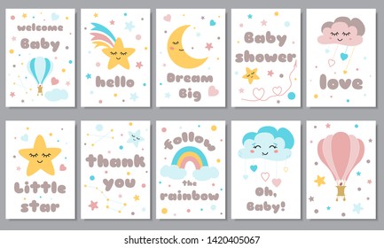 Baby shower posters set with smiling stars dreaming moon cute rainbow hot air balloon Invitation with kids phrases Baby arrival and shower collection with lettering vector illustration.