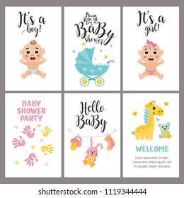 Baby shower posters set. Vector invitation with cute kids illustration. Baby arrival and shower collection with lettering.