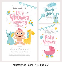 Baby shower posters set. Vector invitation with cute kids illustration. Baby arrival and shower collection with lettering. Girl announcement card template. 