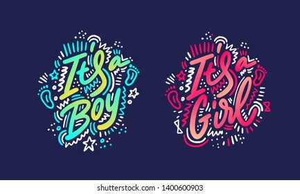 Baby shower posters set. Vector invitation. Baby arrival and shower collection with lettering. It's a girl, it's a boy greeting card. 