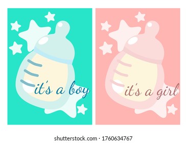 Baby shower posters set. Vector invitation with cute feeding bottles for blue and pink flowers. Illustration in gentle pastel colors. Text This is a boy, this is a girl.