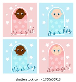 Baby shower posters set. Vector invitation with cute newborns in envelopes. Children Africans or African Americans and Europeans.