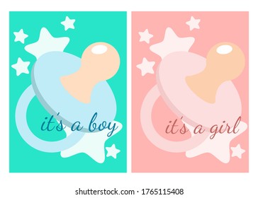 Baby shower posters set. Vector invitation with cute dummy for blue and pink flowers. Illustration in gentle pastel colors. Text This is a boy, this is a girl.