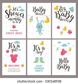 Baby shower posters set. Vector invitation with cute kids illustration. Baby arrival and shower collection with lettering. 