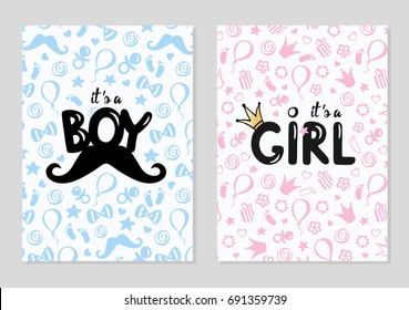 Baby shower posters set. Vector invitation with cute kids pattern. Baby arrival and shower collection with lettering. It's a girl, it's a boy greeting card. - Shutterstock ID 691359739
