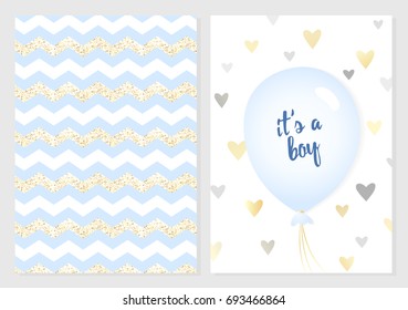 Baby shower posters set. Vector invitation with cute blue and gold kids pattern. Baby arrival and shower collection with lettering and balloon. It's a boy greeting card.