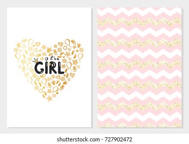 Baby shower posters set. Vector invitation with cute pink and gold kids pattern. Gold Illustration in heart shape with lettering. It's a girl greeting card.