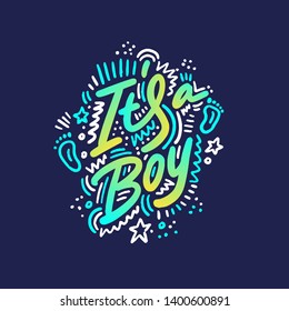 Baby shower posters. Vector invitation with. Baby arrival and shower collection with lettering. it's a boy greeting card. 