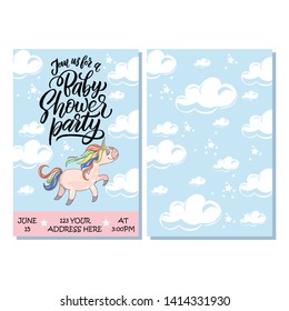 Baby shower posters, vector invites. Cards with cute unicorns and hand drawn font on white background, pastel colors 