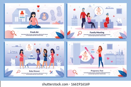 Baby Shower, Pregnant Woman Family Support, Test Positive Result Trendy Flat Vector Banner, Poster Set. Lady Meditating Outdoor,Meets with Relatives, Having Fun on Party, Looking on Test Illustration