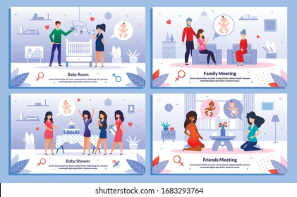 Baby Shower, Pregnant Woman Relationships, Family Support, Trendy Flat Vector Banner, Poster Set. Lady Decorating Baby Room, Meets with Relatives, Having Fun on Party, Talking with Friend Illustration