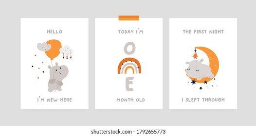 Baby shower print collection. Milestone cards set for newborn. Nursery card or poster with little hippo, moon and rainbow. Ideal for kids room decoration, clothing, prints, anniversary