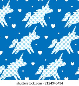 Baby shower print. Baby pattern with blue unicorns, hearts. Beautiful seamless texture with pony for party invitation card design, happy birthday greeting cards, scrapbooking for little newborn boy.