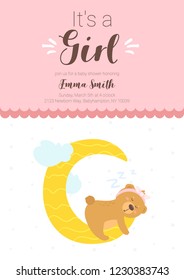 Baby shower print template with cute teddy bear sleeping on the moon. Vertical composition, vector illustration. Nursery design. Girl pink color card.