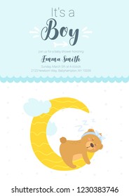 Baby shower print template with cute teddy bear sleeping on the moon. Vertical composition, vector illustration. Nursery design.  Boy blue color card.