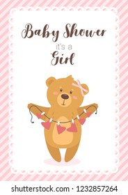 Baby shower print template with cute teddy bear holding red hearts hanging on clothespin. Vertical composition, vector illustration. Nursery design. Girl pink color card.