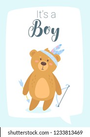 Baby shower print template with cute teddy bear with bow and arrow and tribal feathers on the head. Vertical composition, vector illustration. Nursery design.  Boy blue color card.