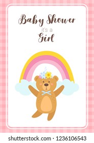 Baby shower print template with cute teddy bear and rainbow in the sky. Vertical composition, vector illustration. Nursery design. Girl pink color card.