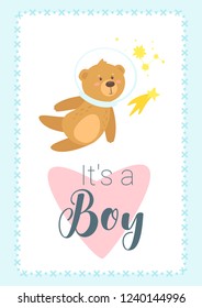 Baby shower print template with cute teddy bear in space astronaut helmet. Vertical composition, vector illustration. Nursery design.  Boy blue color card.
