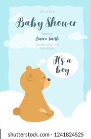Baby shower print template with cute teddy bear sitting on the cloud and dreaming. Vertical composition, vector illustration. Nursery design.  Boy blue color card.