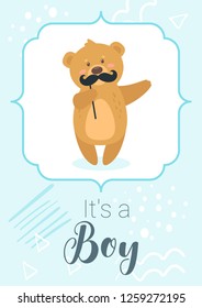 Baby shower print template with cute teddy bear holding mustache photo prop. Vertical composition, vector illustration. Nursery design.  Boy blue color card.
